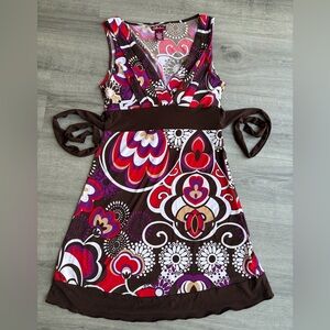 Miss Bisou Retro Mod Print Dress | Y2K Boho Tie Waist | M | Eclectic Casual Chic